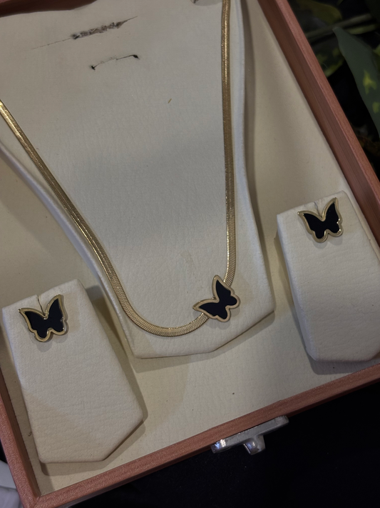 New Elegant Design Butterfly Shape With Black Stones Gold Color Set