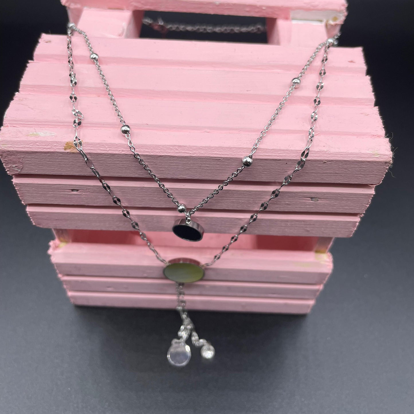 Silver Luxury Design Round Shape Pearl Dual Chain Pendant