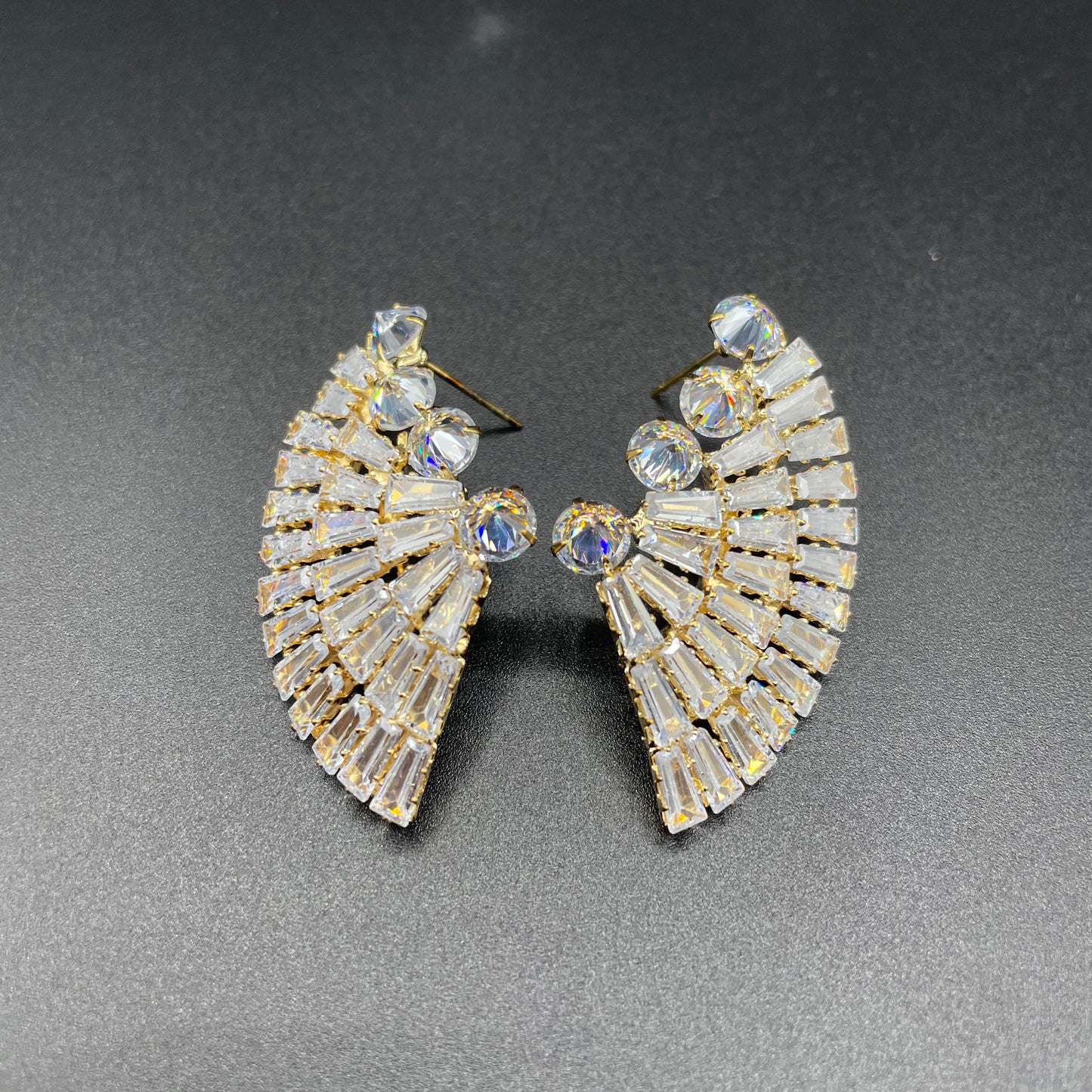 Silver & Gold Elegant Fan Shaped Zircon Earrings