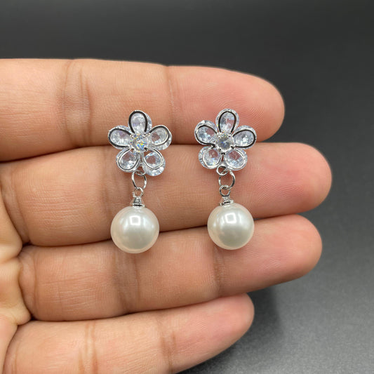 Silver Elegant Flower Shape Style Zircon Pearl Stud Earrings
