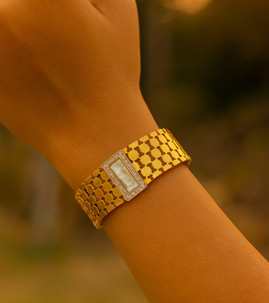 Elegant Gold Hollow Geometric Design With Stones Adjustable Bangle