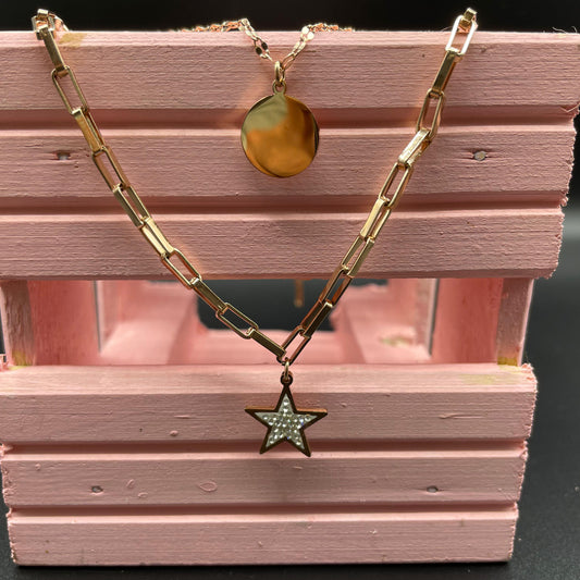 New Elegant Star & Round Shape Rose Gold Dual Chain Pendant