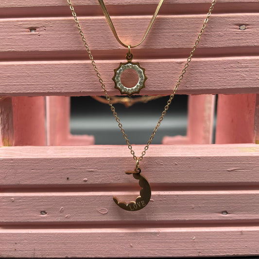 New Luxury Rose Gold Moon & Hollow Sun Dual Chain Pendant