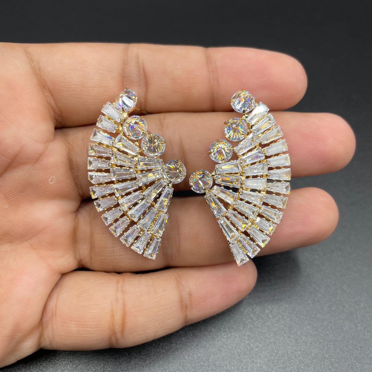 Silver & Gold Elegant Fan Shaped Zircon Earrings
