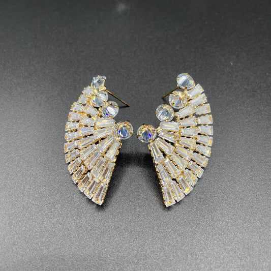Silver & Gold Elegant Fan Shaped Zircon Earrings