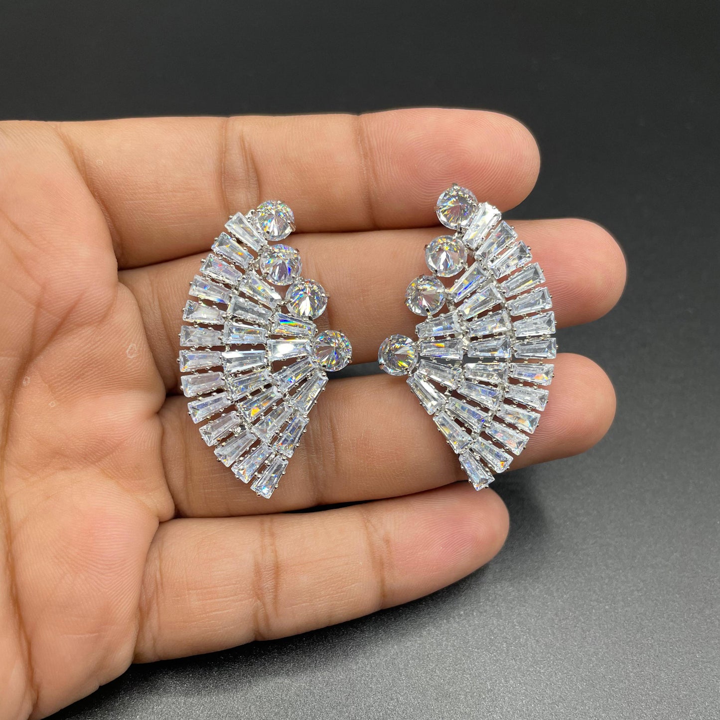 Silver & Gold Elegant Fan Shaped Zircon Earrings