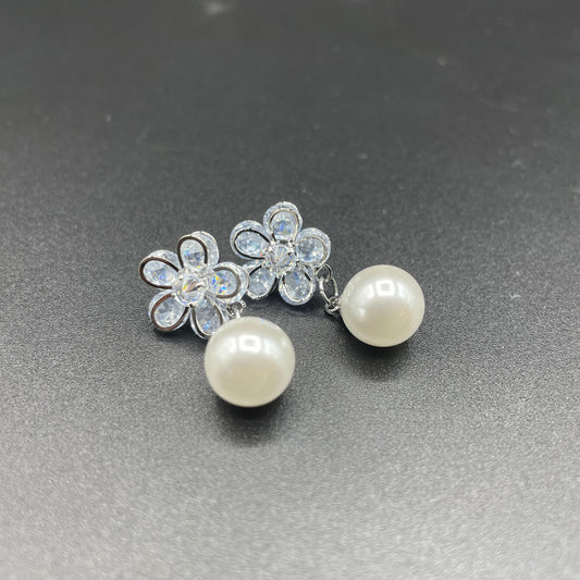 Silver Elegant Flower Shape Style Zircon Pearl Stud Earrings