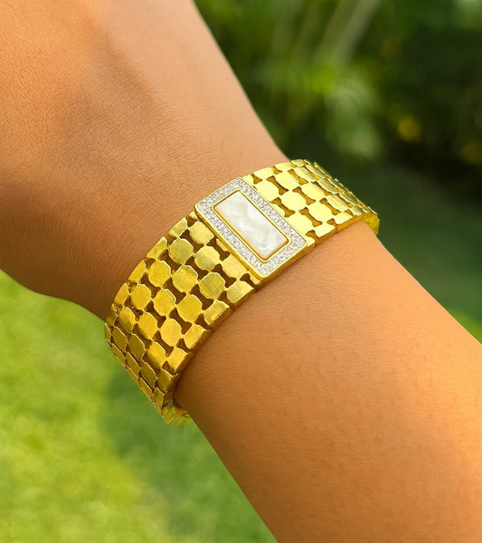 Elegant Gold Hollow Geometric Design With Stones Adjustable Bangle